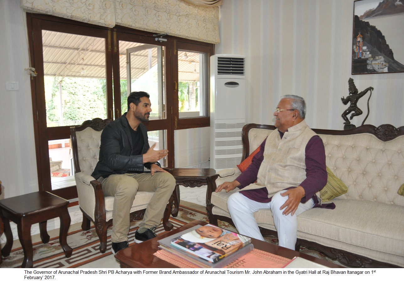 The Governor of Arunachal Pradesh Shri PB Acharya with Former Brand Ambassador of Arunachal Tourism Mr. John Abraham in the Gyatri Hall at Raj Bhavan Itanagar on 1st February� 2017.